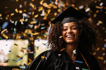 Female graduate in cap smiling amid confetti
