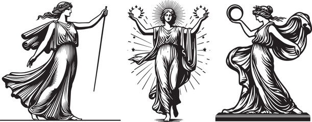 greek goddess athena in full body antique vector illustration silhouette laser cutting black and white shape - obrazy, fototapety, plakaty