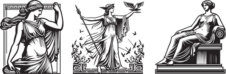 greek goddess athena in full body antique style vector illustration silhouette laser cutting black and white shape
