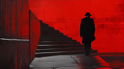 A noir style digital painting of a man wearing a hat and coat walking up a flight of stairs with a bright red background.