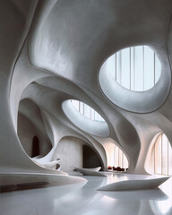 Futuristic interior space with smooth concrete walls and large oval windows in an abstract organic style