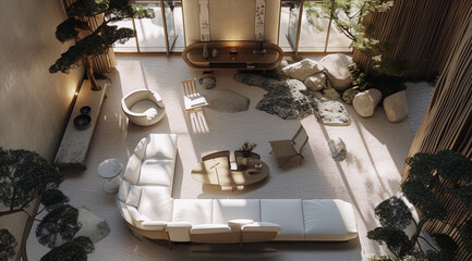 japanese style living room interior with white sofa and bonsai trees in a minimalist and zen style