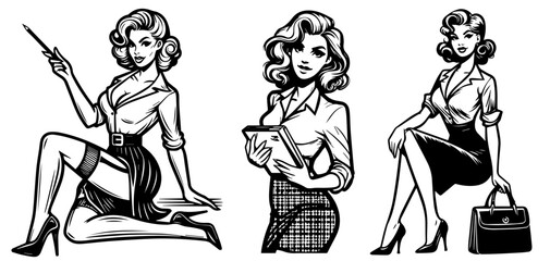 pin-up girl teacher in formal attire vector illustration silhouette laser cutting black and white shape