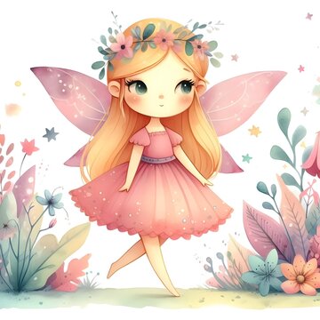 Fairy and Flowers watercolor illustration 