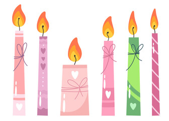Festive candles for decoration or celebration. Vector isolates in cartoon flat style.