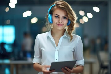 Woman holding a tablet computer while wearing headphones