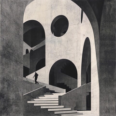 An illustration in the style of Art Deco of a man walking up a flight of stairs in a building with a lot of arches and columns wit