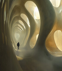 Cave-like interior space with smooth, curving walls made of stone with a single human figure walking away from the viewer.