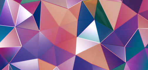Triangulated iridescent metal background. Modern geometric pattern. 3D rendering.