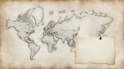 blank paper over old world map on old paper, copy space, space for text and design 