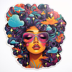 a sticker of a woman with curly hair and sunglasses