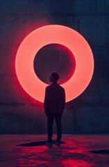 A man standing in front of a glowing red circle in a dark room with a concrete wall in the background, in the style of neon futuri