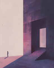 A solitary figure stands before a large, imposing doorway, bathed in soft, ethereal light. The minimalist architecture creates a sense of mystery and anticipation. 
