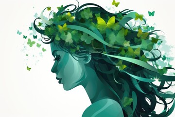 A woman with butterflies in her hair, perfect for nature and beauty concepts