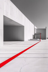 Black and white concrete exterior of a modern building with a bright red ribbon on the floor