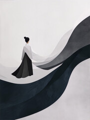 Digital art painting of a woman in a hanbok dress walking on a curved path with a white background in a minimalist style with mute