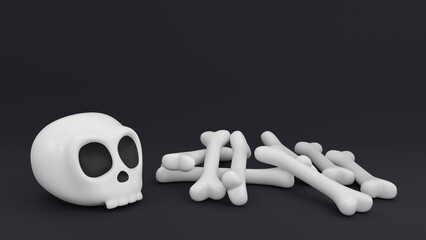 Cartoon white skull with pile of bones on dark background. Halloween design. 3D rendering.