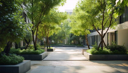 A 3D rendering of a modern courtyard with trees, plants, and a path leading to a building, in the style of archviz, with a focus o