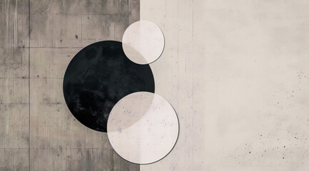 Abstract circles on a beige and gray background in a minimalist style with a mid-century modern influence.