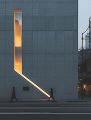 An urban street scene with two people walking past a concrete building with a glowing yellow window at night in the style of archi