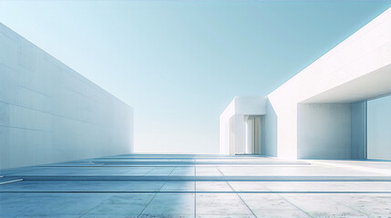 The image is of an exterior in a minimalist style with simple geometric shapes and a limited color palette of white and blue.