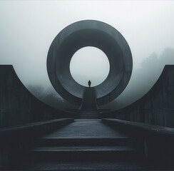 Dark surrealism photography of a person walking through a large concrete torus in a foggy forest