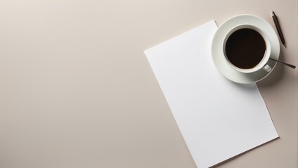 cup of coffee and blank paper on background with copy space, space for text and design, business work concept 