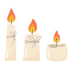 Wax candles for decoration or holiday, vector isolates in cartoon flat style.