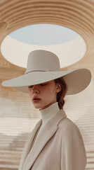 Minimalist fashion portrait of a woman wearing a wide-brimmed hat, showcasing elegance and sophistication. 
