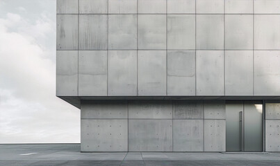 A concrete building with a large door in the Brutalist style of architecture
