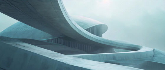 Futuristic architecture with smooth concrete curves in muted colors with fog in the background