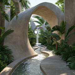 Futuristic organic architecture with flowing lines and lush vegetation