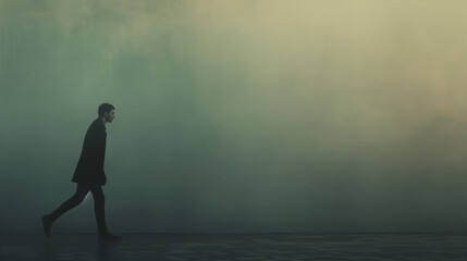 A lonely figure walking through an empty, foggy city street with a green tint, in a minimalist style, with a focus on the isolatio
