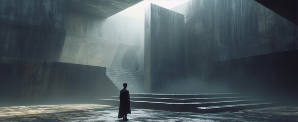 A lone figure stands in a desolate, futuristic landscape, shrouded in mist and mystery. 
