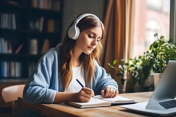 Girl With Headphones Writing on Notebook - obrazy, fototapety, plakaty