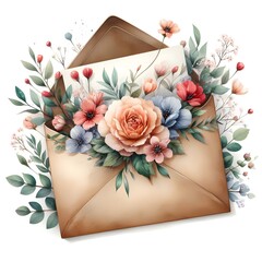 watercolor vintage opened envelope with different wild flowers roses and leaves isolated on white background. clipart for greeting card, invitation, decoration