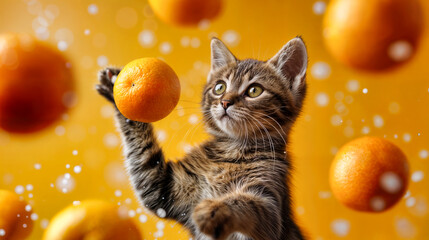 cute kitten juggles with oranges