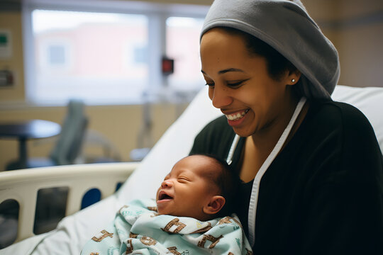 African-American Woman Holding Baby in Hospital Bed