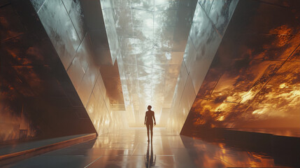 Futuristic interior concept art of a long reflective corridor with a human figure in the center - obrazy, fototapety, plakaty