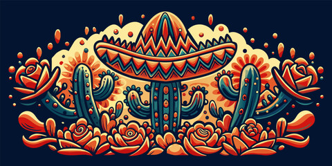 Mexico mexican cactus and sombrero for festival Cinco de mayo. Colorful vector illustration of a traditional mexican sombrero surrounded by cacti and roses - obrazy, fototapety, plakaty