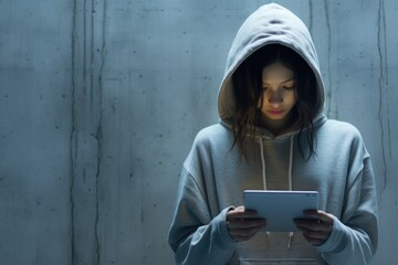 A woman in a hoodie using a tablet computer