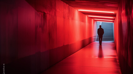 liminal space photography of a person walking down a red hallway with a staircase at the end - obrazy, fototapety, plakaty