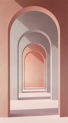 3D rendering of a hallway with arches in a minimalist style with a focus on pastel colors and simple geometric shapes