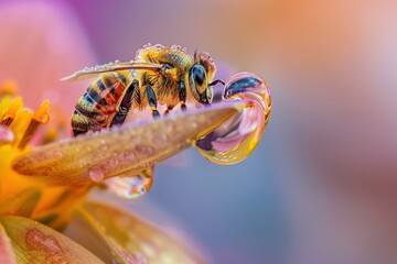 Close-up of a bee collecting nectar on a vibrant flower, showing the beauty of pollination in nature with a colorful background - obrazy, fototapety, plakaty