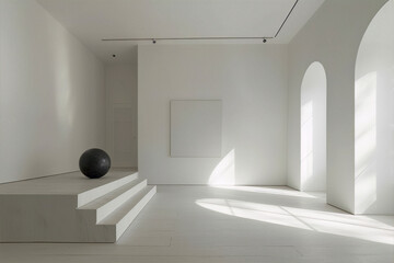 The image is of a large, bright, white room with a large black ball on a white pedestal in the foreground and two large arched win