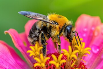 Bee Isolated On A Pink Flower Collecting Pollen In Spring Or Summer In A Field Or Garden For Honey Production Or Pollination Purposes