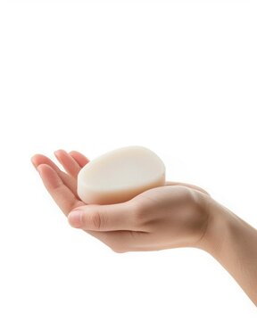 Close-up view of a persons hand delicately holding an oval-shaped, artisanal soap bar against a pristine white background.