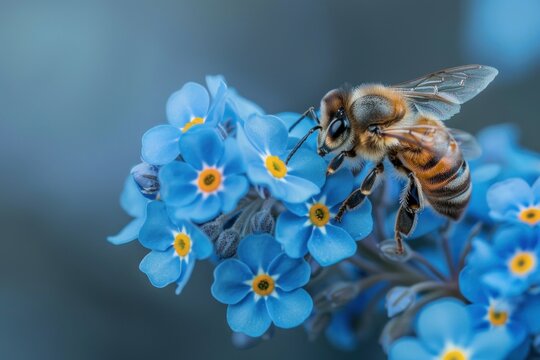 Stunning Honey Bee Gently Pollinating Exquisite Light Blue Flowers in a Flourishing and Enchanting Garden Setting, Surrounded by Vibrant Greenery