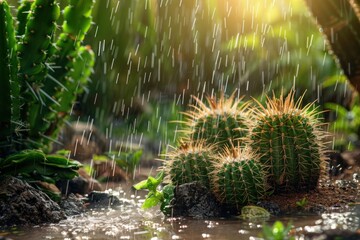 Close-up View of Beautiful Cactus Plants in the Desert During a Refreshing Rain Shower, Creating a Serene and Peaceful Atmosphere - obrazy, fototapety, plakaty