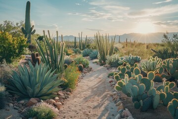 Desert Landscape with Towering Saguaro Cacti, Stunning Rock Formations, and a Mesmerizing Setting Sun, Showcasing Southwest Beauty - obrazy, fototapety, plakaty